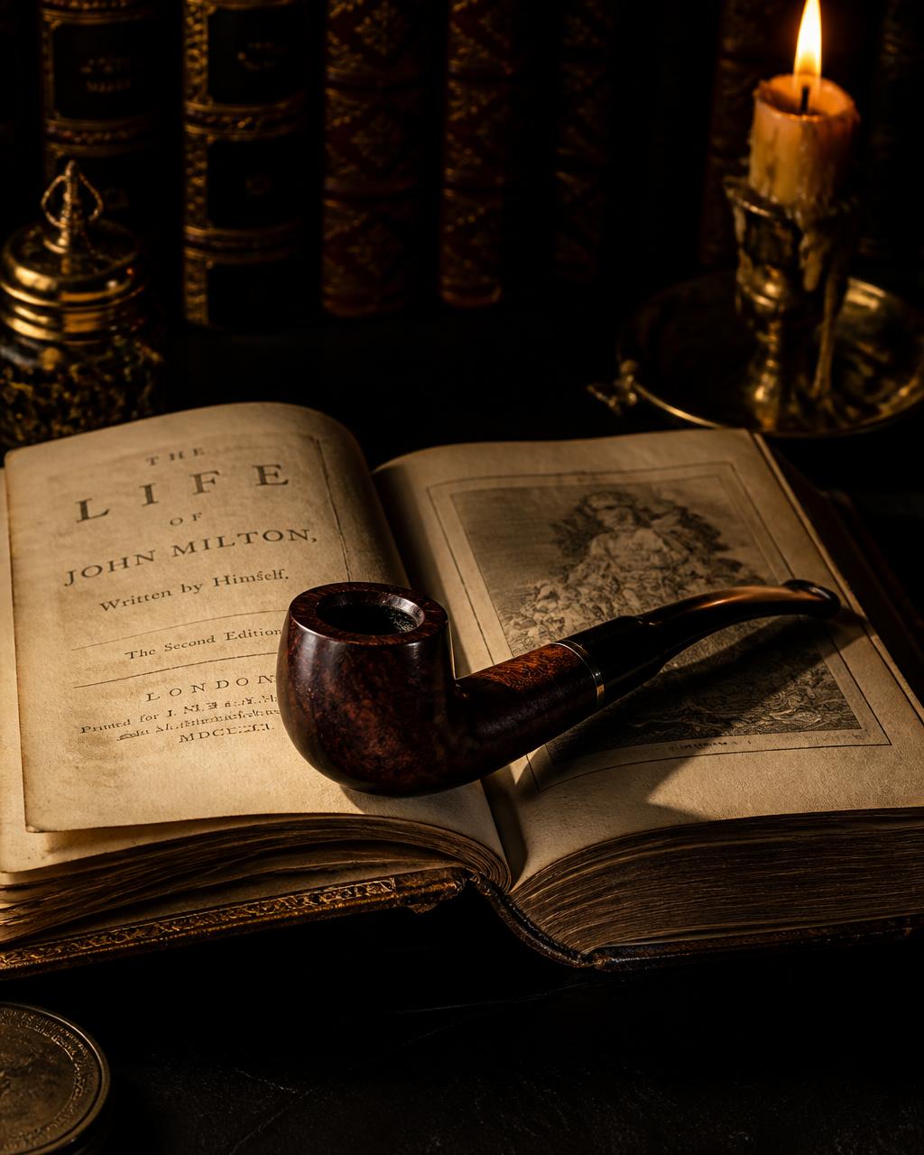 An antique book open beside a briar pipe in candlelight